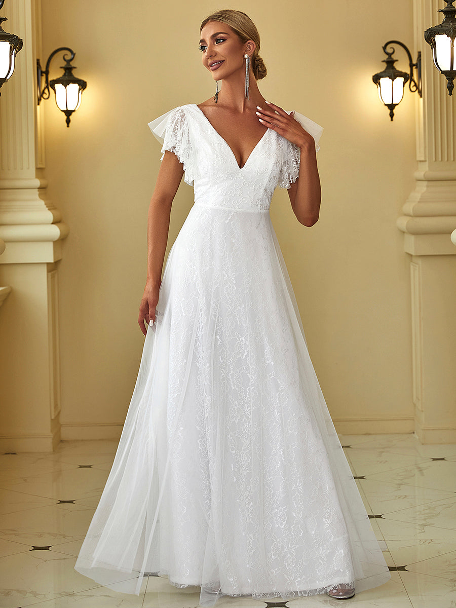 Elegant V-Neck Floor Length Gown with Ruffle Sleeves