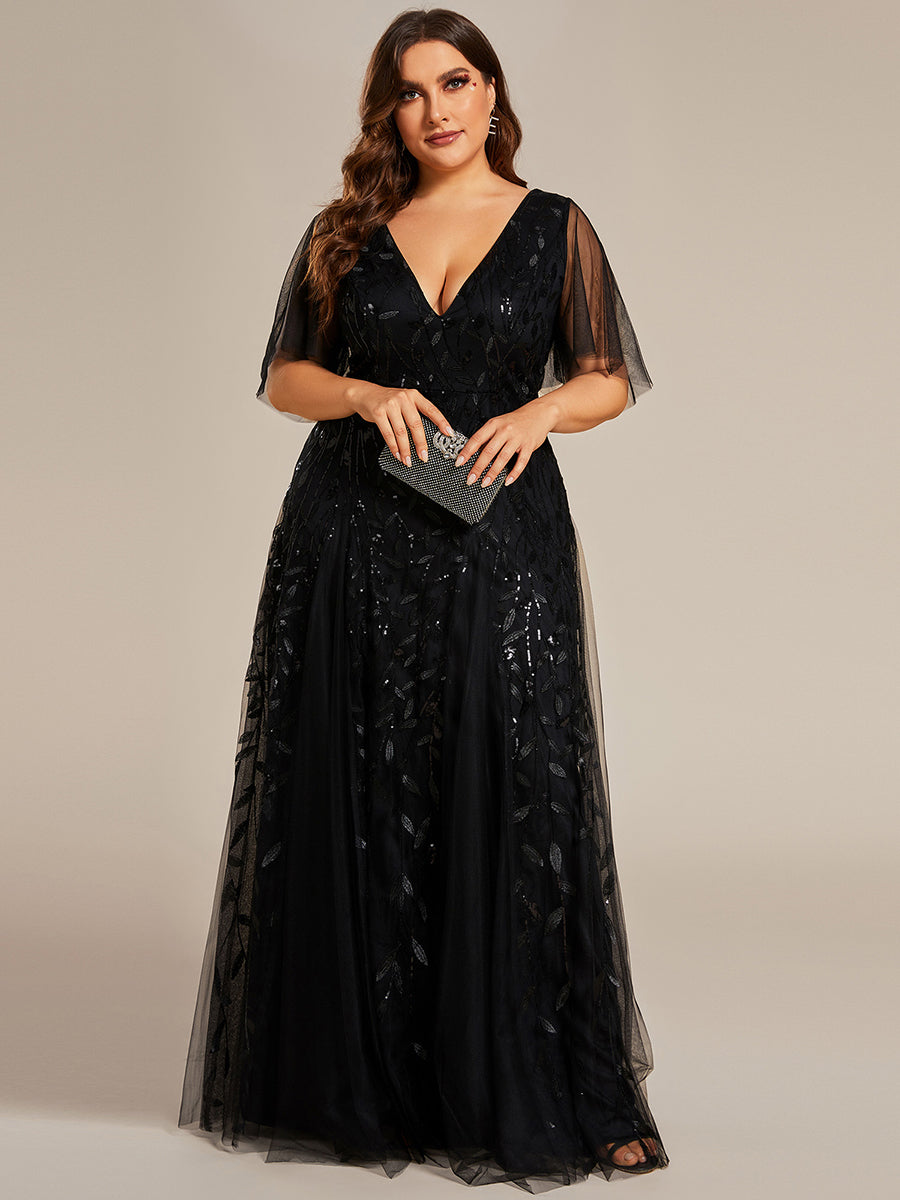 Cute Plus Size Short Sleeve Sequin Evening Dress