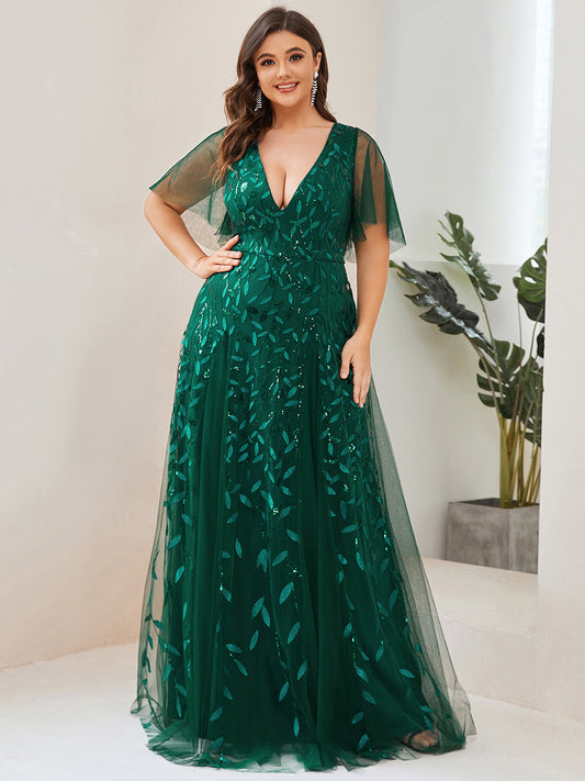 Cute Plus Size Short Sleeve Sequin Evening Dress