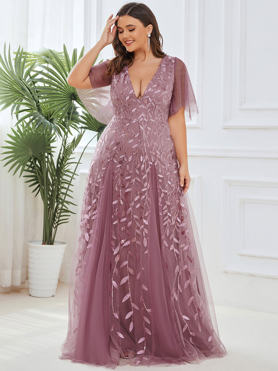 Cute Plus Size Short Sleeve Sequin Evening Dress