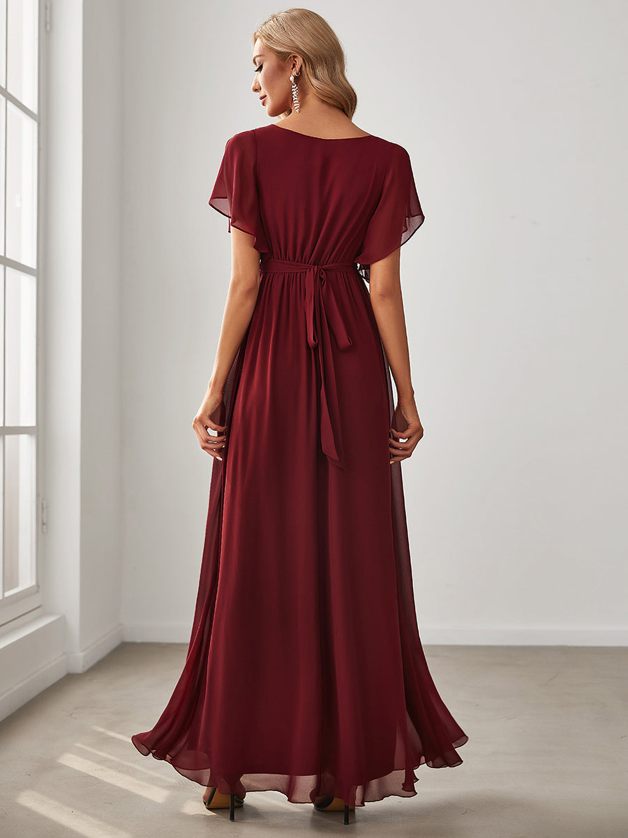 A-Line Bridesmaid Gown Featuring V-Neck and Ruffled Sleeves