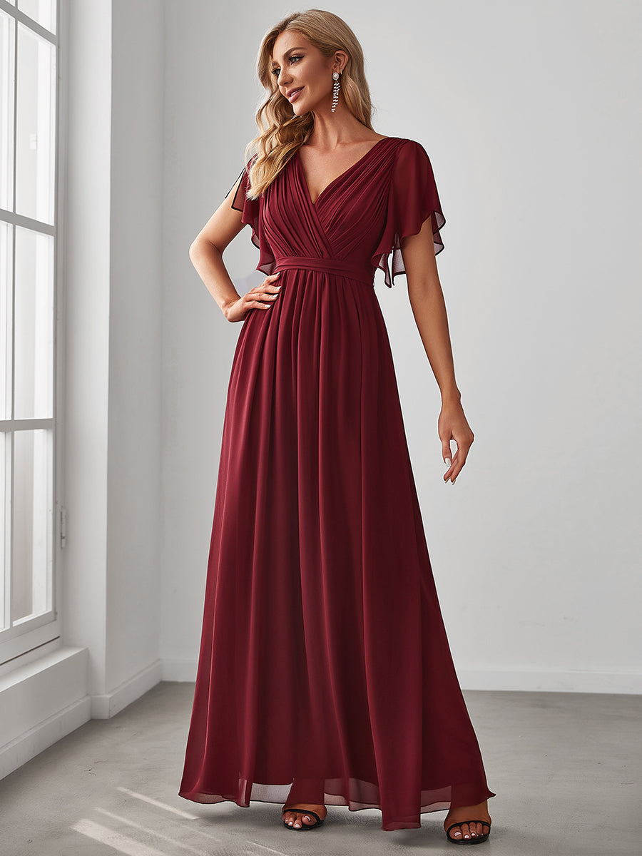 A-Line Bridesmaid Gown Featuring V-Neck and Ruffled Sleeves