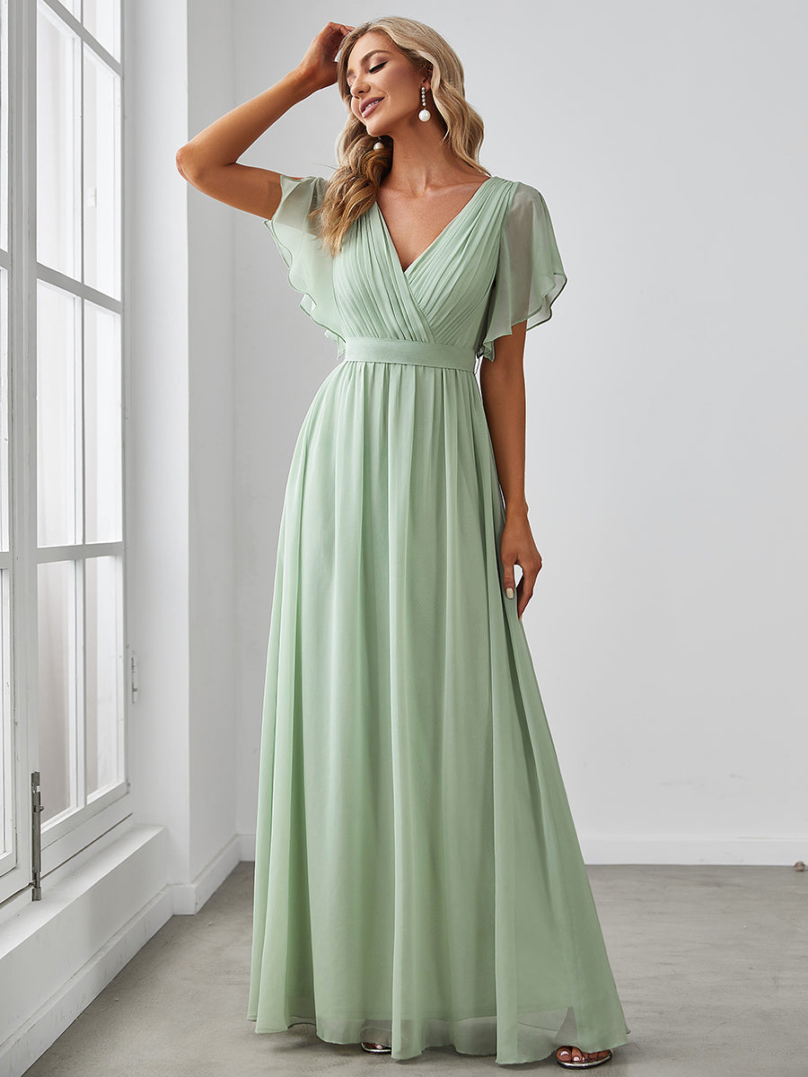 A-Line Bridesmaid Gown Featuring V-Neck and Ruffled Sleeves