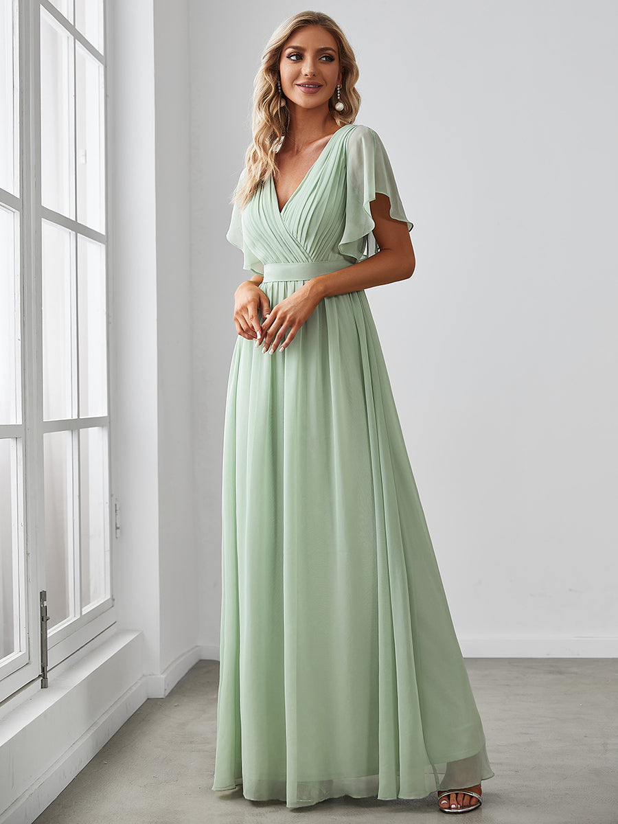 A-Line Bridesmaid Gown Featuring V-Neck and Ruffled Sleeves