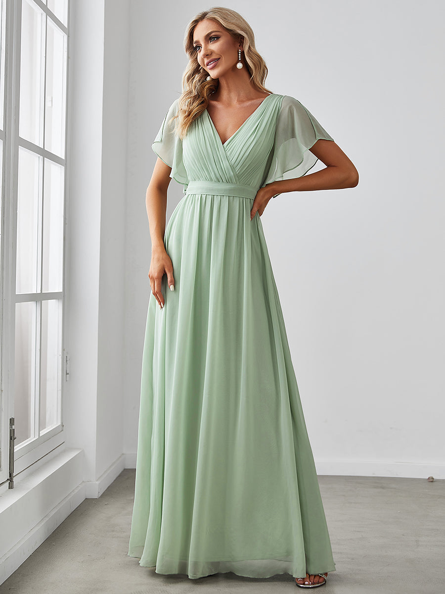 A-Line Bridesmaid Gown Featuring V-Neck and Ruffled Sleeves