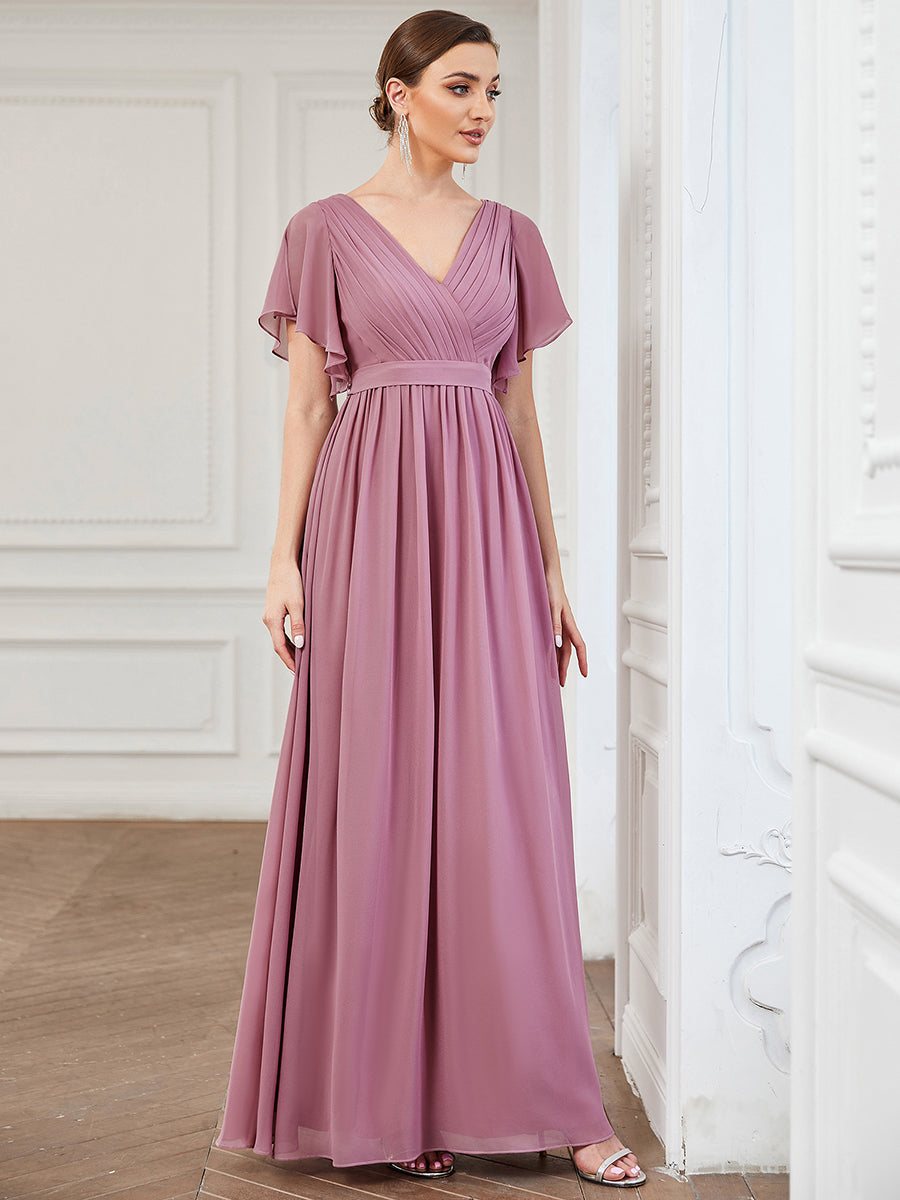 A-Line Bridesmaid Gown Featuring V-Neck and Ruffled Sleeves