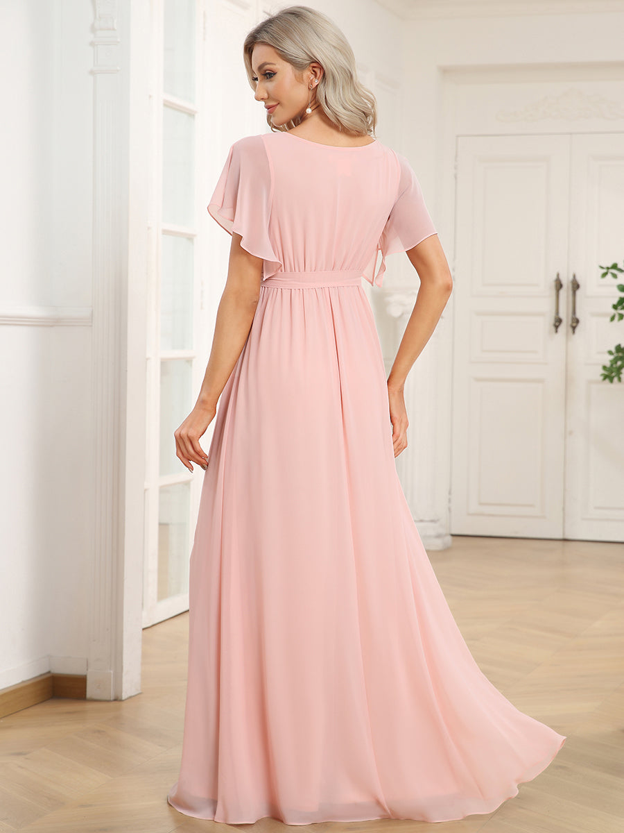 A-Line Bridesmaid Gown Featuring V-Neck and Ruffled Sleeves