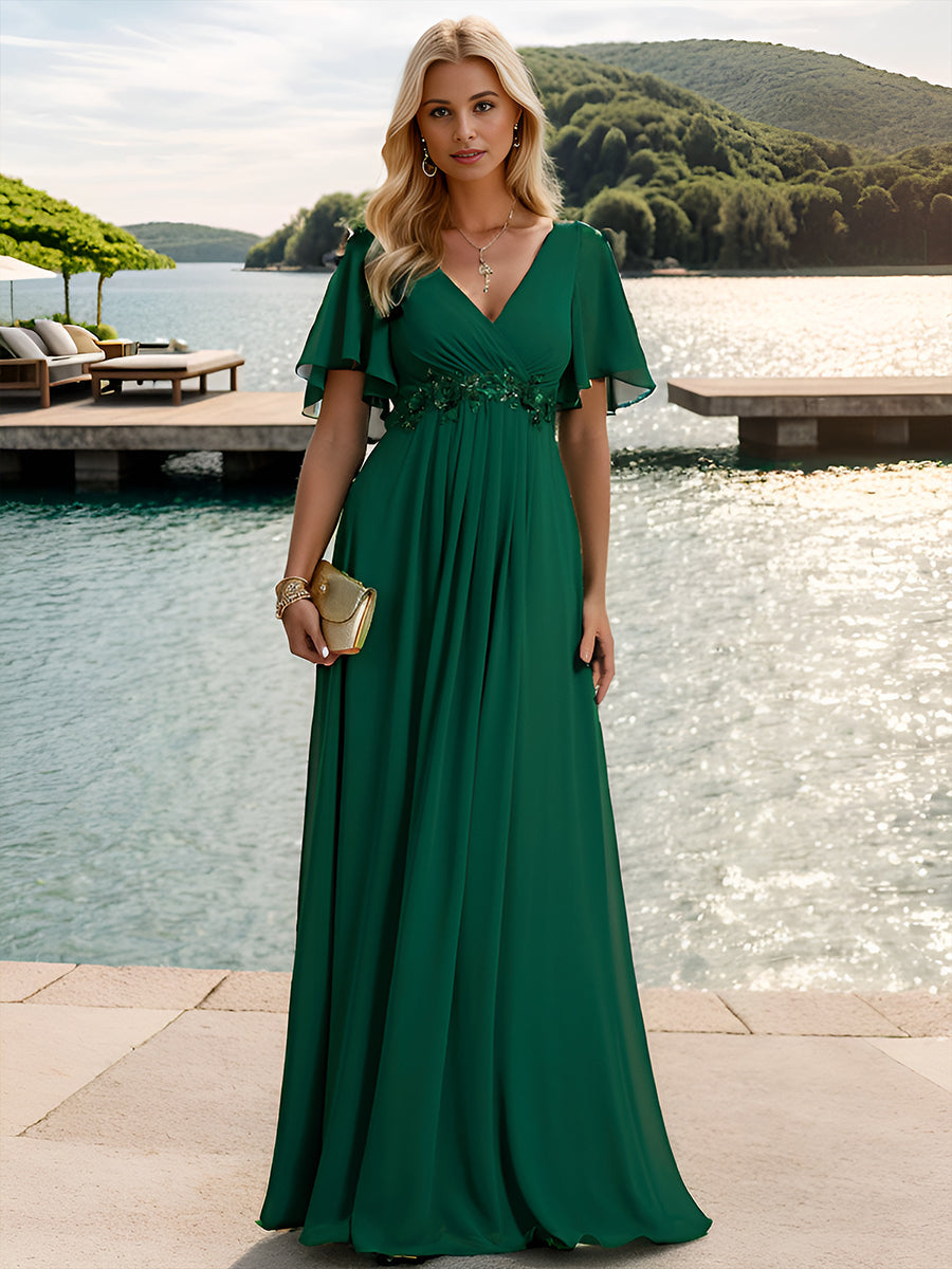 Lace Applique V-Neck Bridesmaid Gown