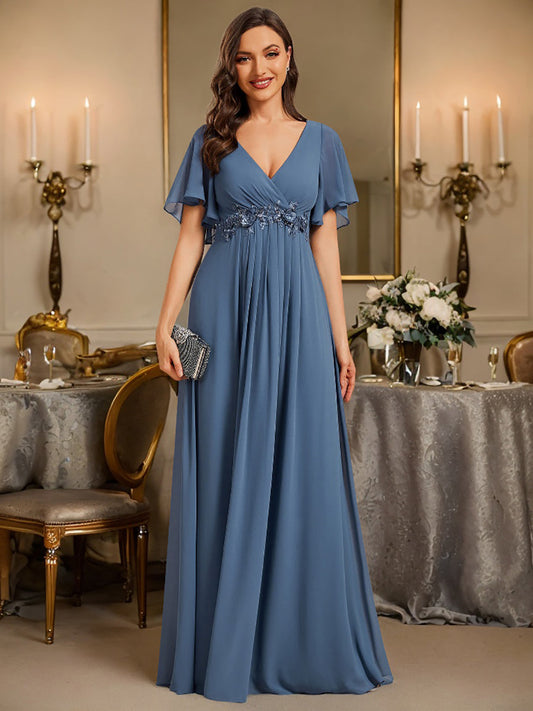 Lace Applique V-Neck Bridesmaid Gown