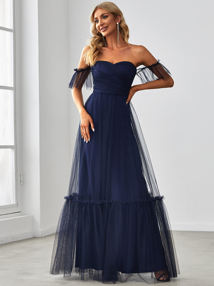 Elegant A-Line Evening Gown with Ruffled Sleeves