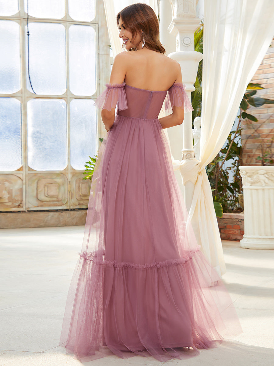 Elegant A-Line Evening Gown with Ruffled Sleeves