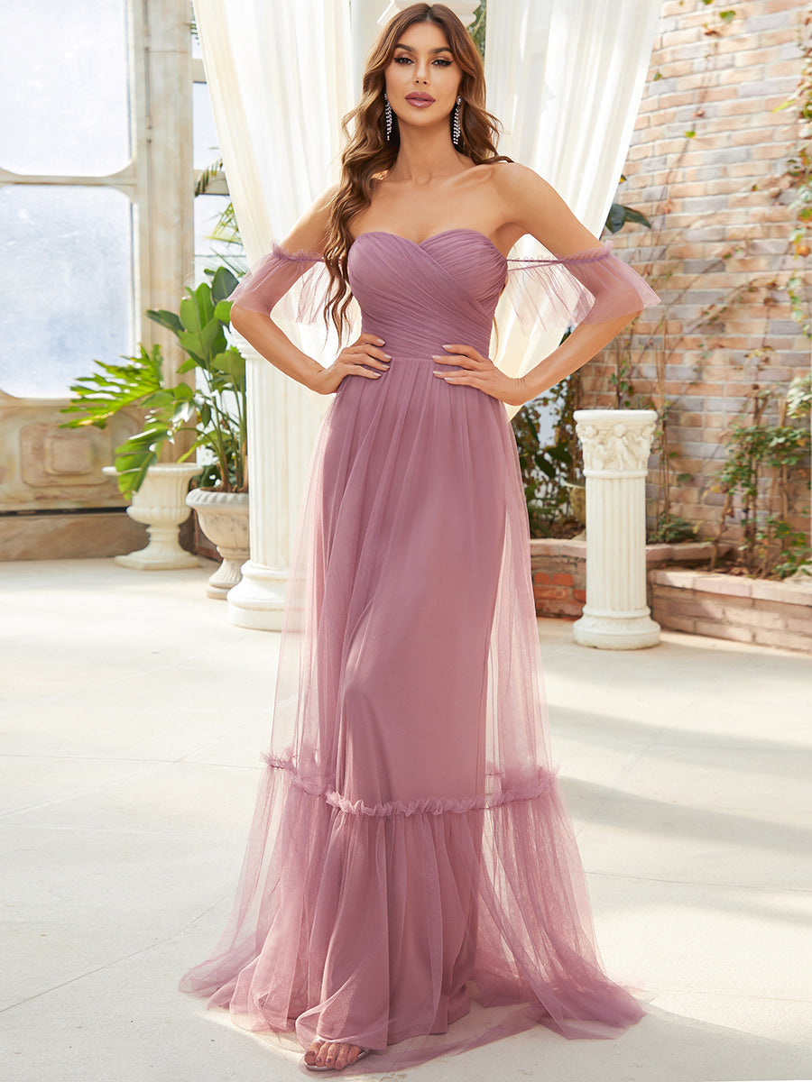 Elegant A-Line Evening Gown with Ruffled Sleeves