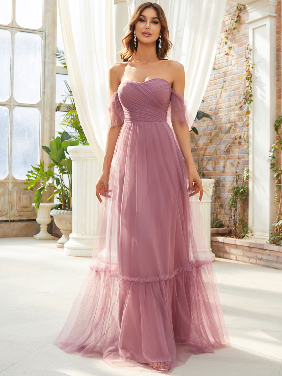 Elegant A-Line Evening Gown with Ruffled Sleeves