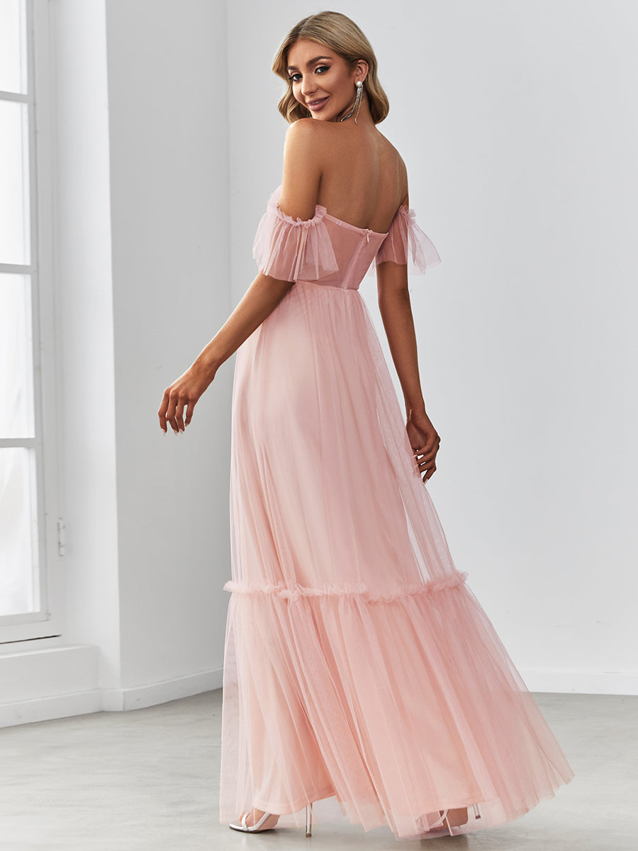 Elegant A-Line Evening Gown with Ruffled Sleeves