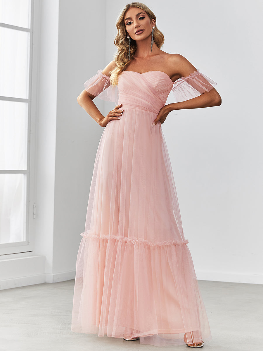 Elegant A-Line Evening Gown with Ruffled Sleeves