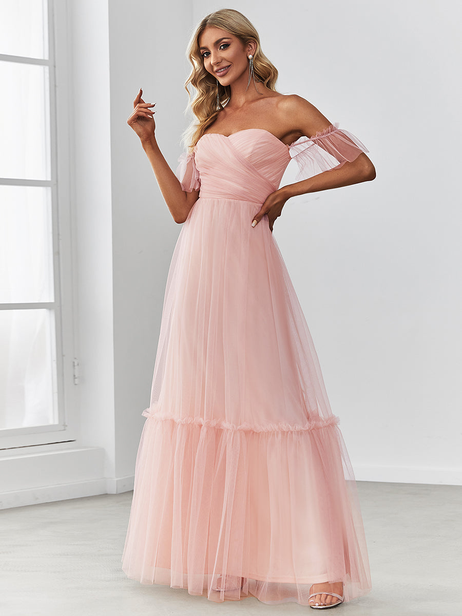 Elegant A-Line Evening Gown with Ruffled Sleeves