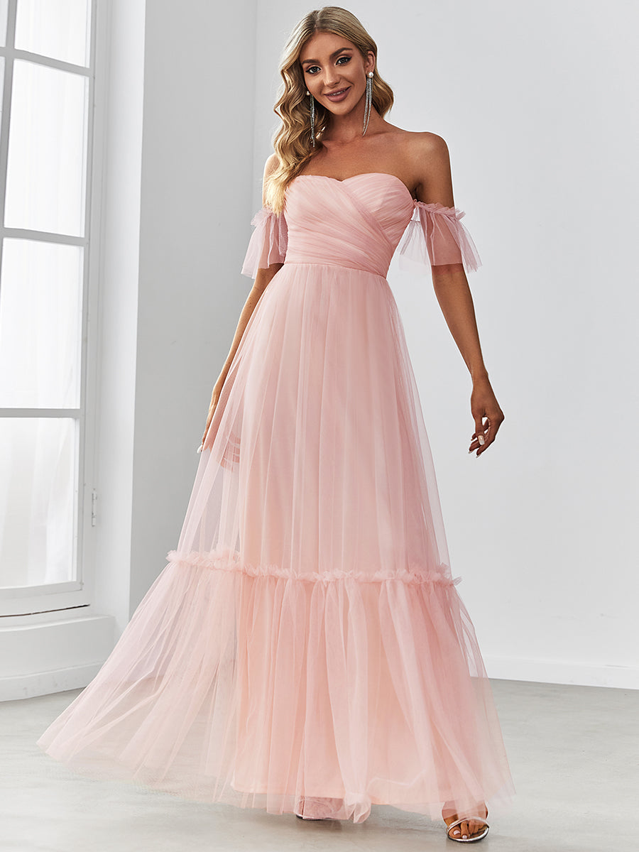 Elegant A-Line Evening Gown with Ruffled Sleeves