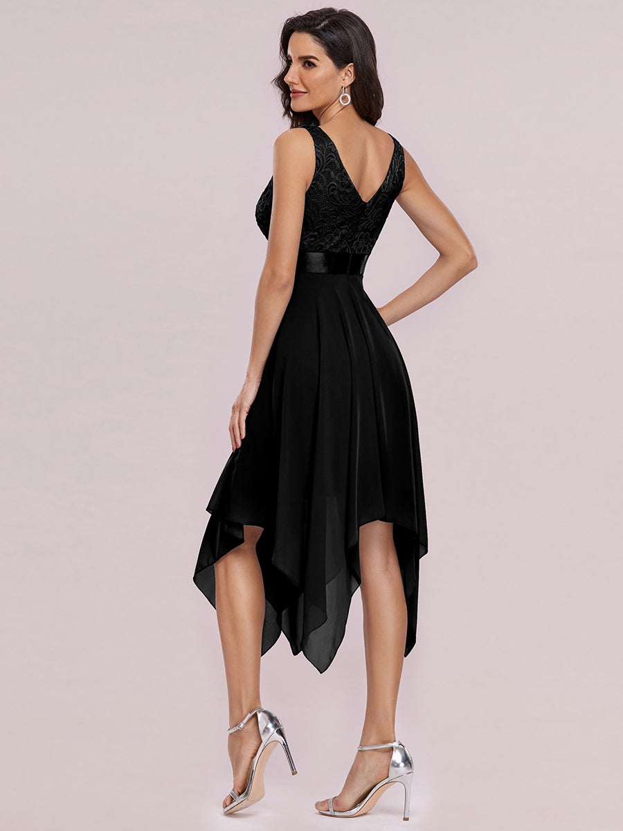 Sleeveless Asymmetrical Hem Dress with Deep V-Neck