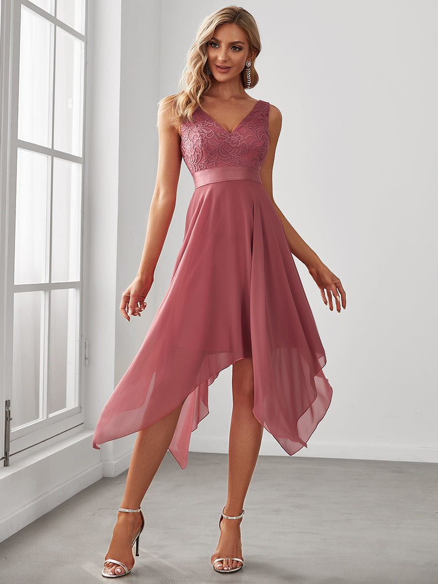 Sleeveless Asymmetrical Hem Dress with Deep V-Neck