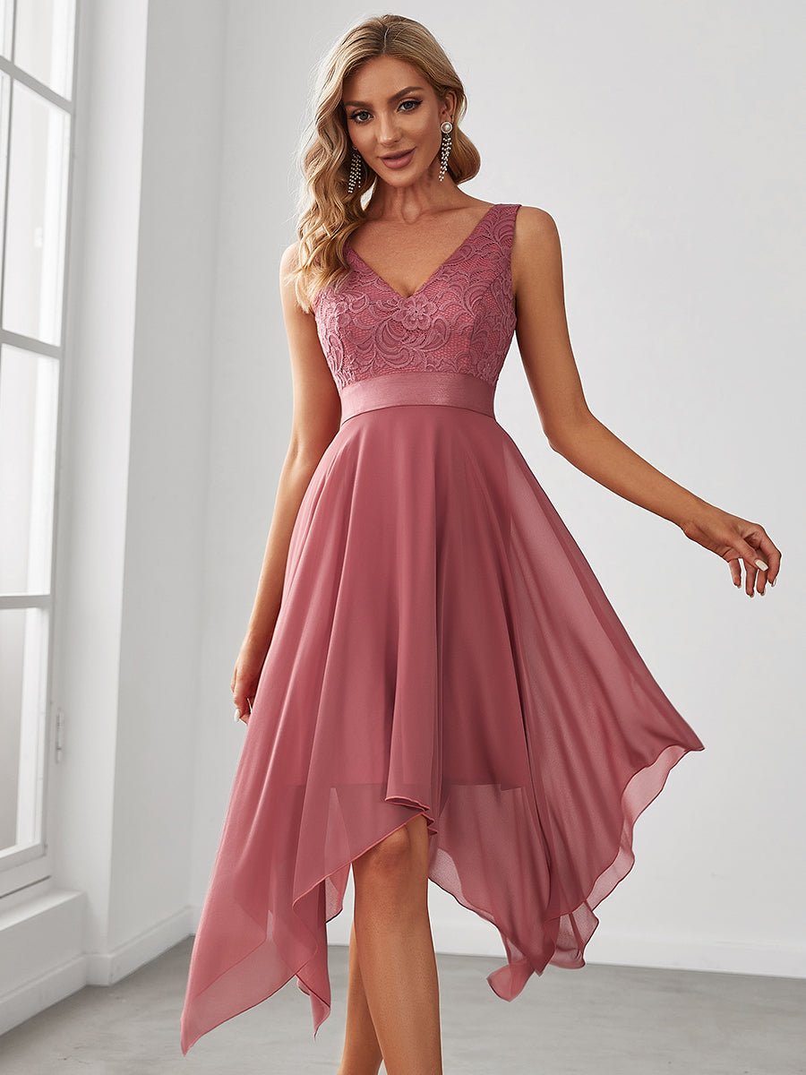 Sleeveless Asymmetrical Hem Dress with Deep V-Neck