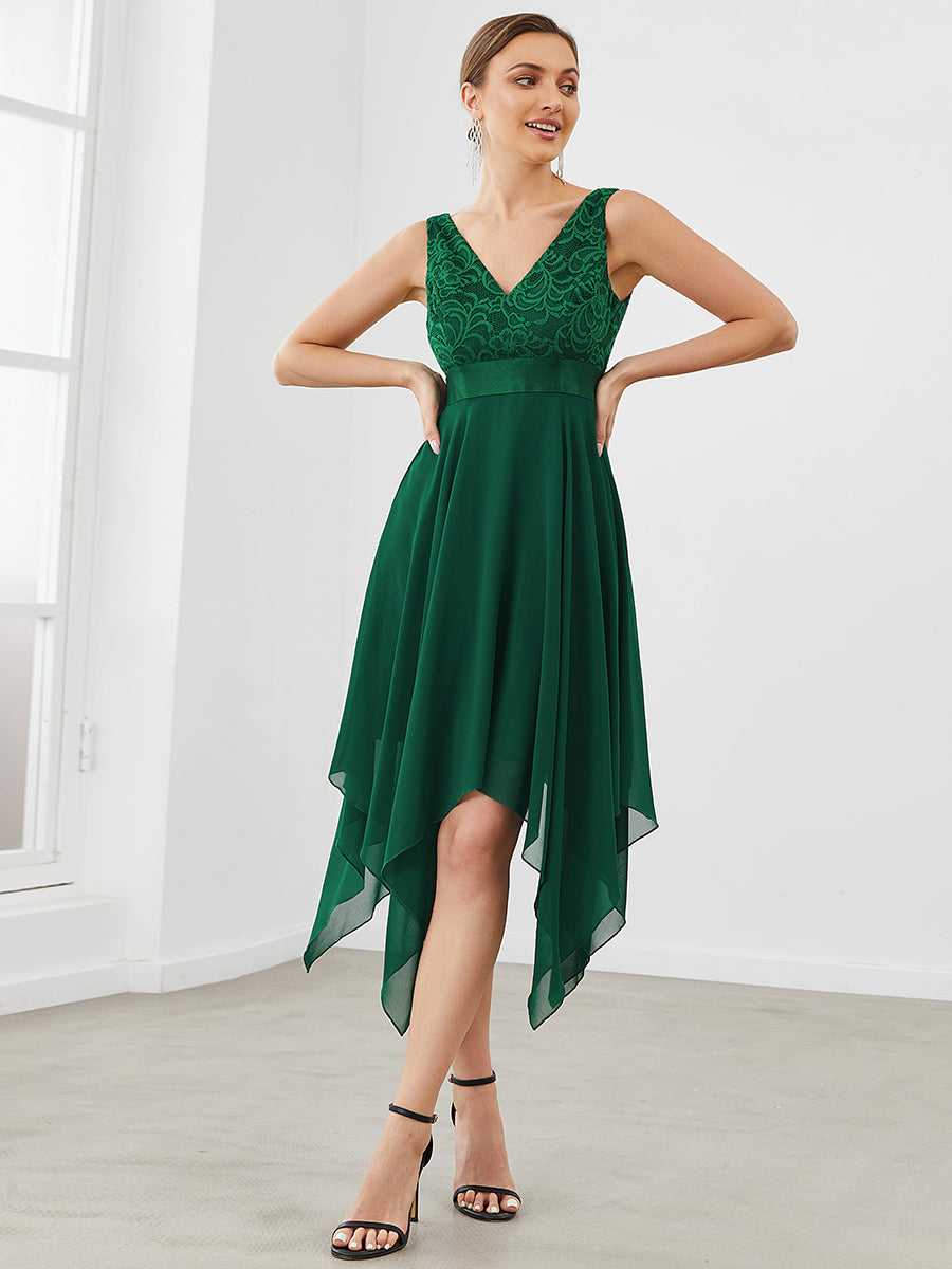 Sleeveless Asymmetrical Hem Dress with Deep V-Neck