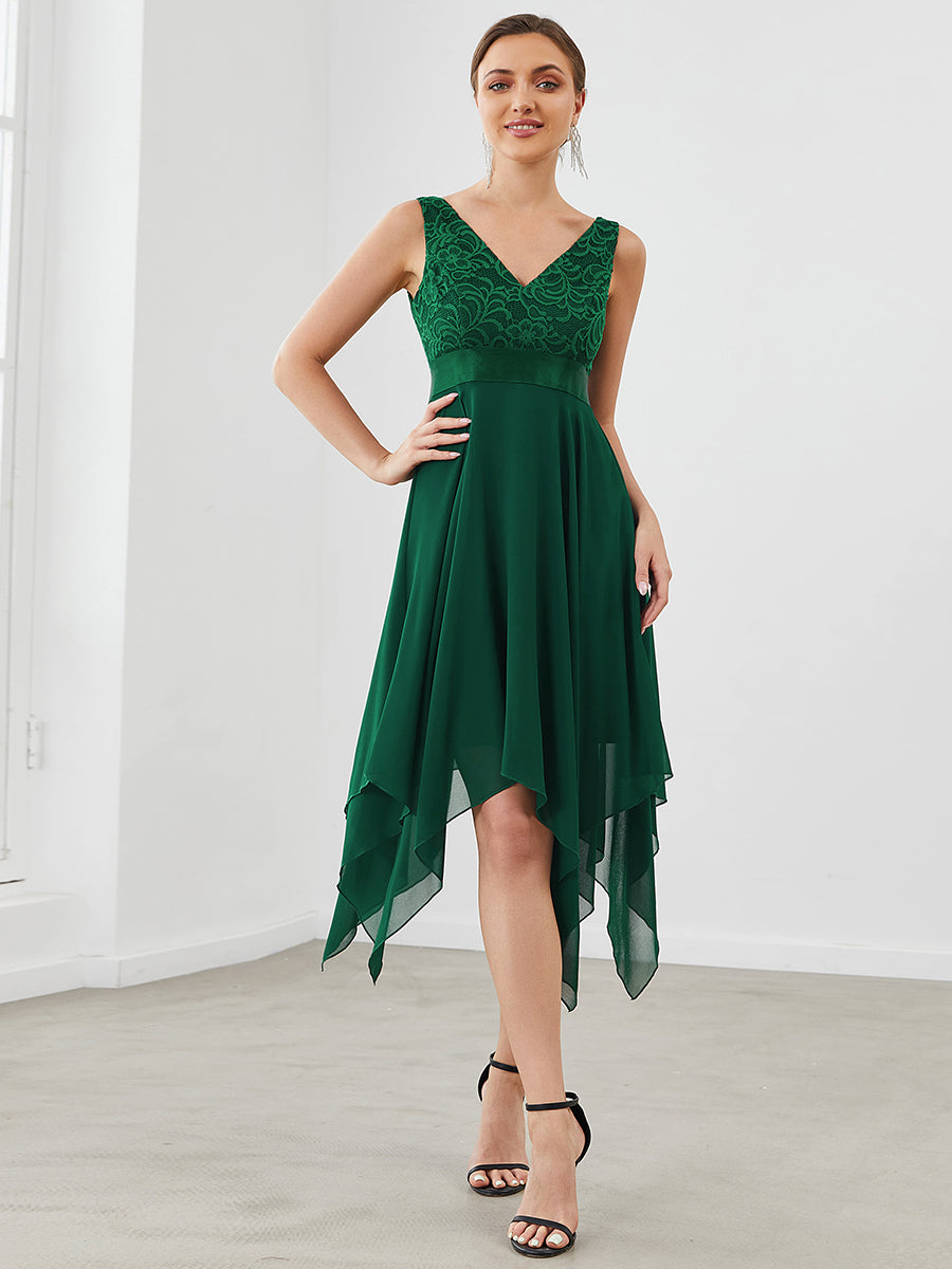 Sleeveless Asymmetrical Hem Dress with Deep V-Neck