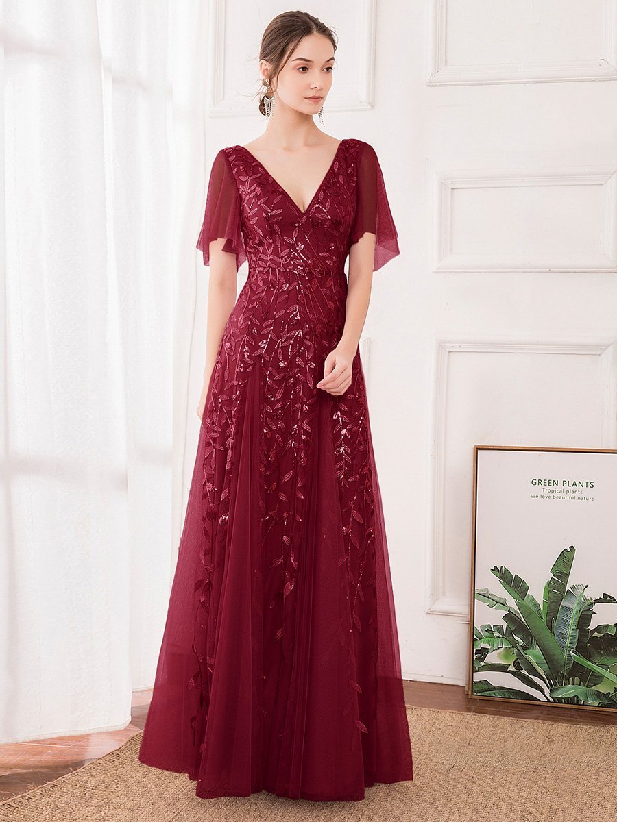 Shimmering V-Neck Ruffle Sleeve Maxi Formal Dress