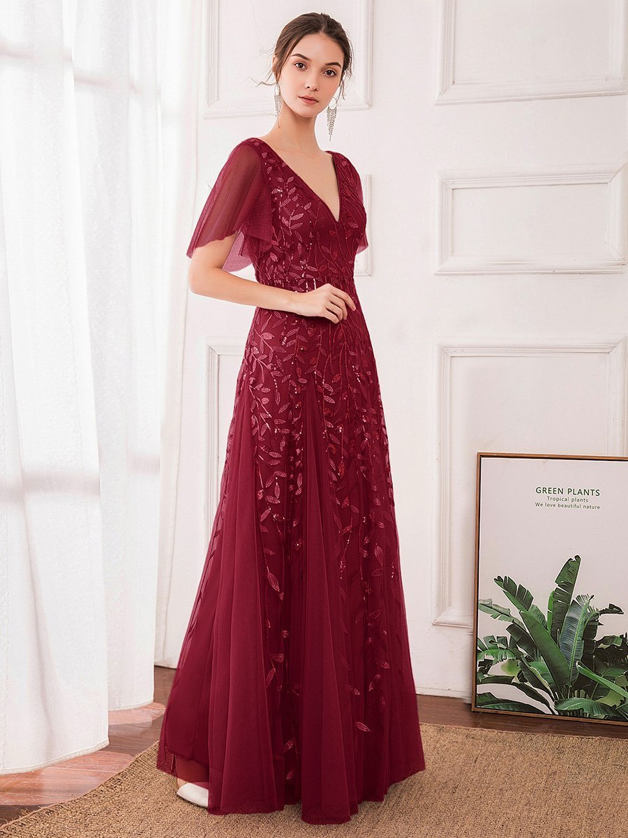 Shimmering V-Neck Ruffle Sleeve Maxi Formal Dress