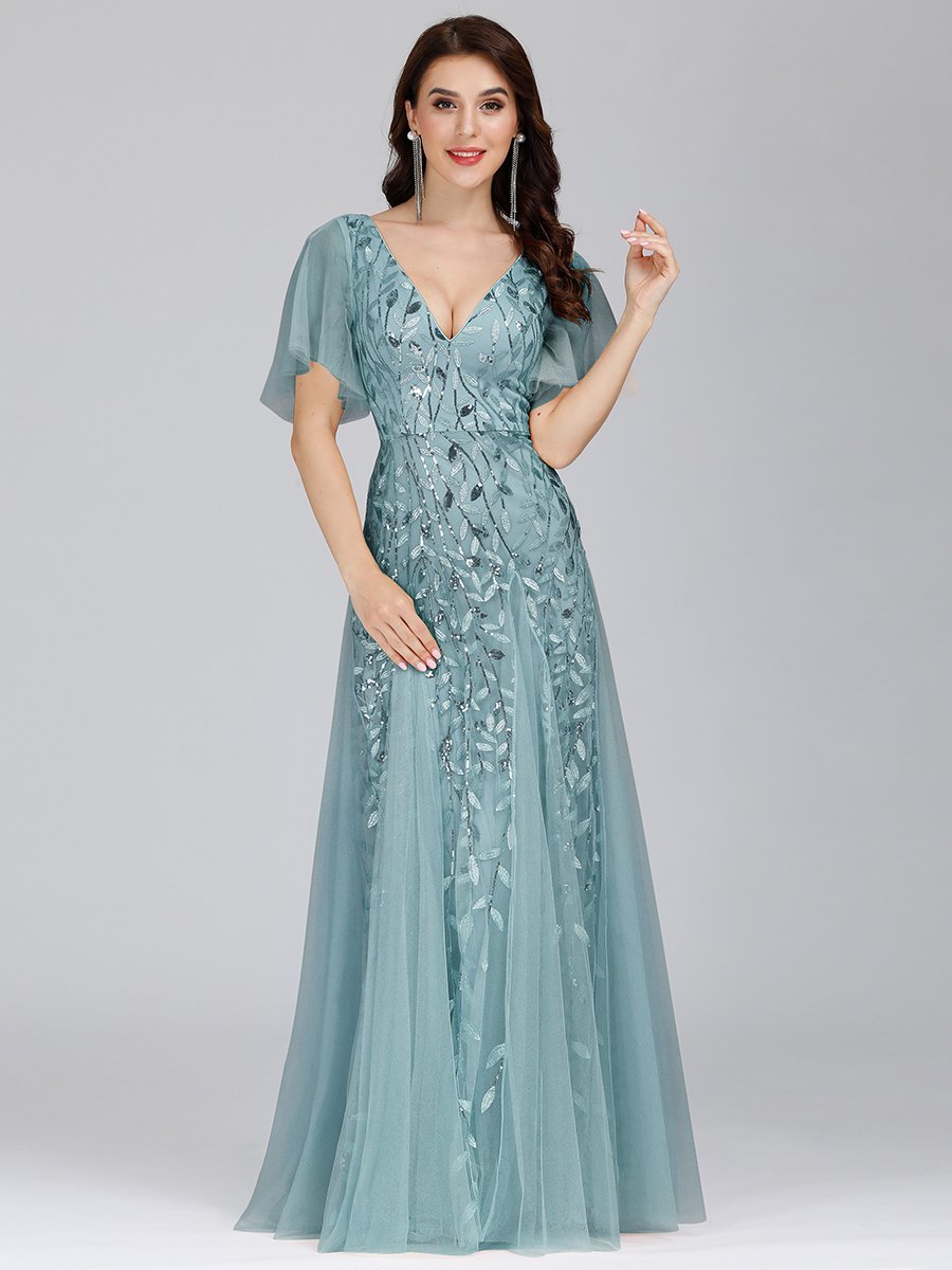 Shimmering V-Neck Ruffle Sleeve Maxi Formal Dress