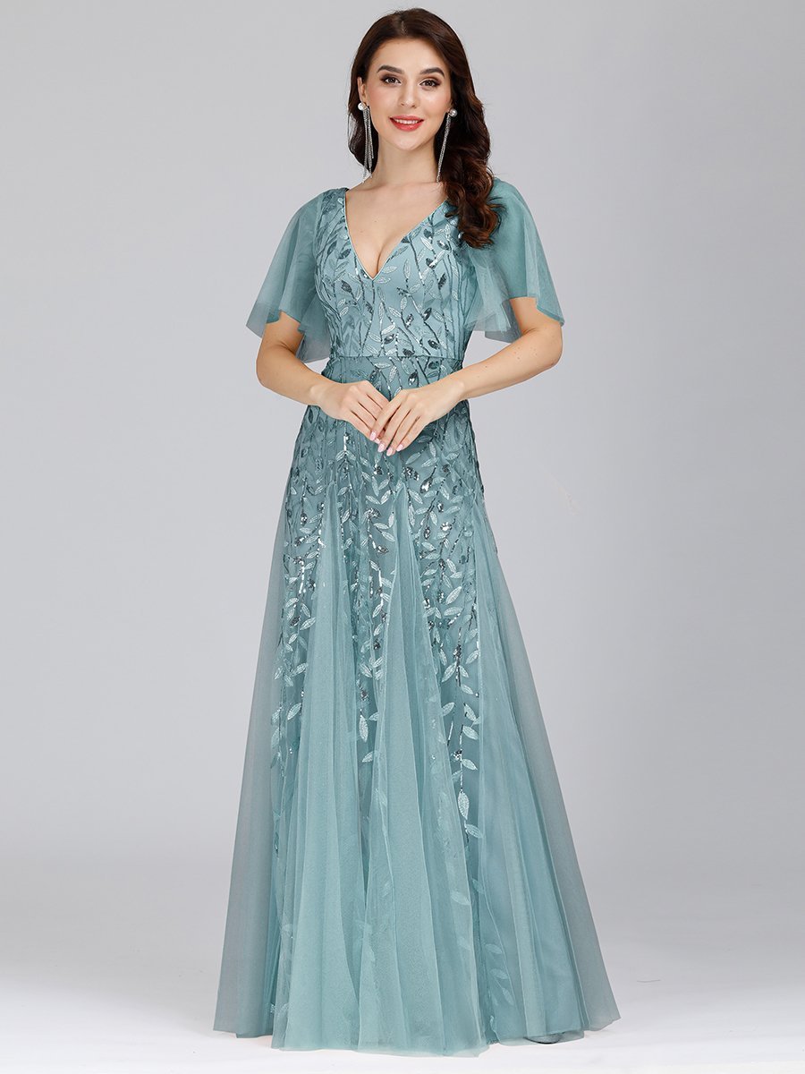 Shimmering V-Neck Ruffle Sleeve Maxi Formal Dress