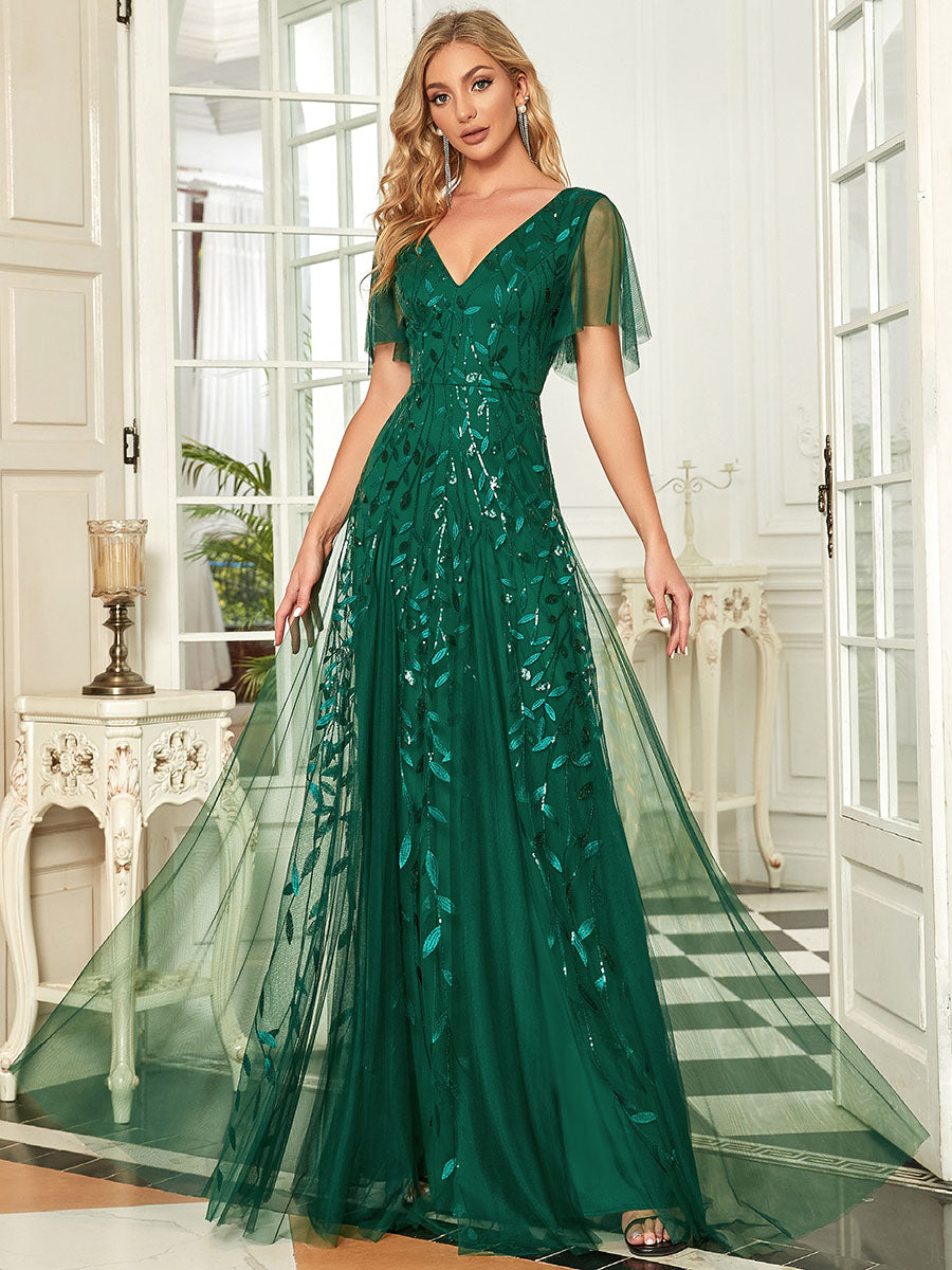 Shimmering V-Neck Ruffle Sleeve Maxi Formal Dress