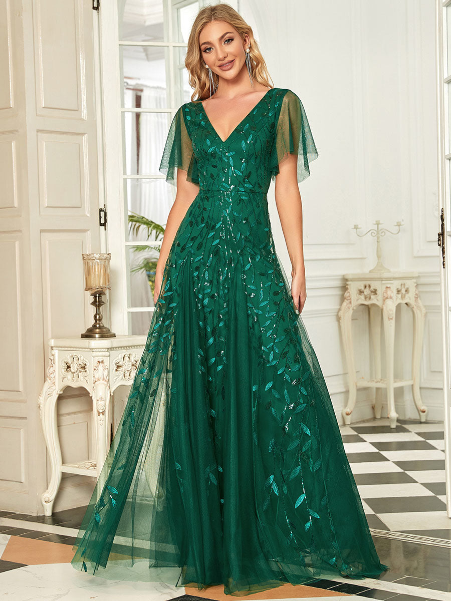 Shimmering V-Neck Ruffle Sleeve Maxi Formal Dress