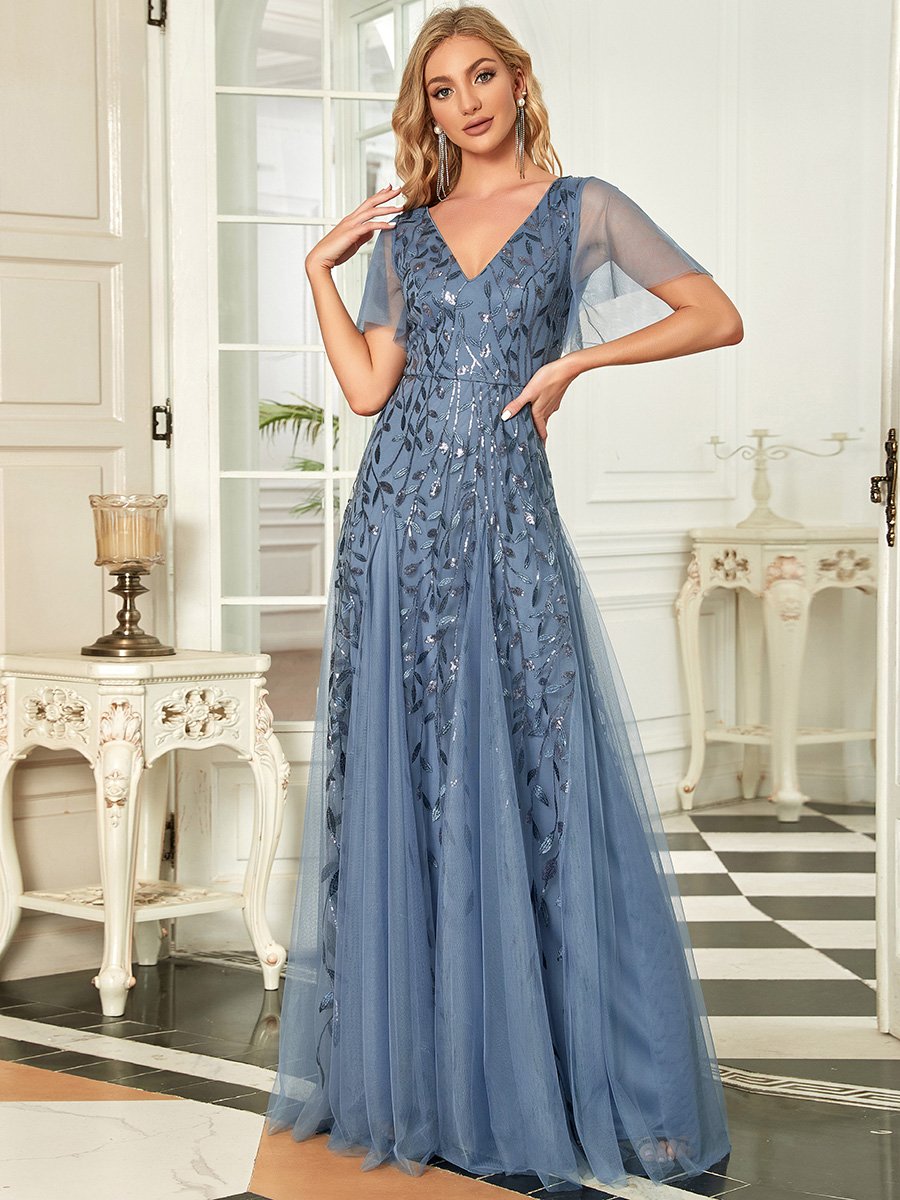 Shimmering V-Neck Ruffle Sleeve Maxi Formal Dress