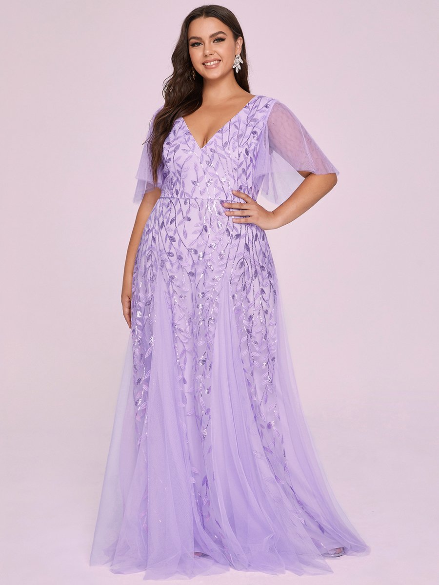 Shimmering V-Neck Ruffle Sleeve Maxi Formal Dress