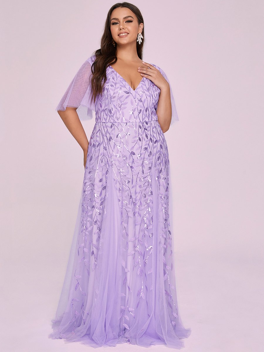 Shimmering V-Neck Ruffle Sleeve Maxi Formal Dress