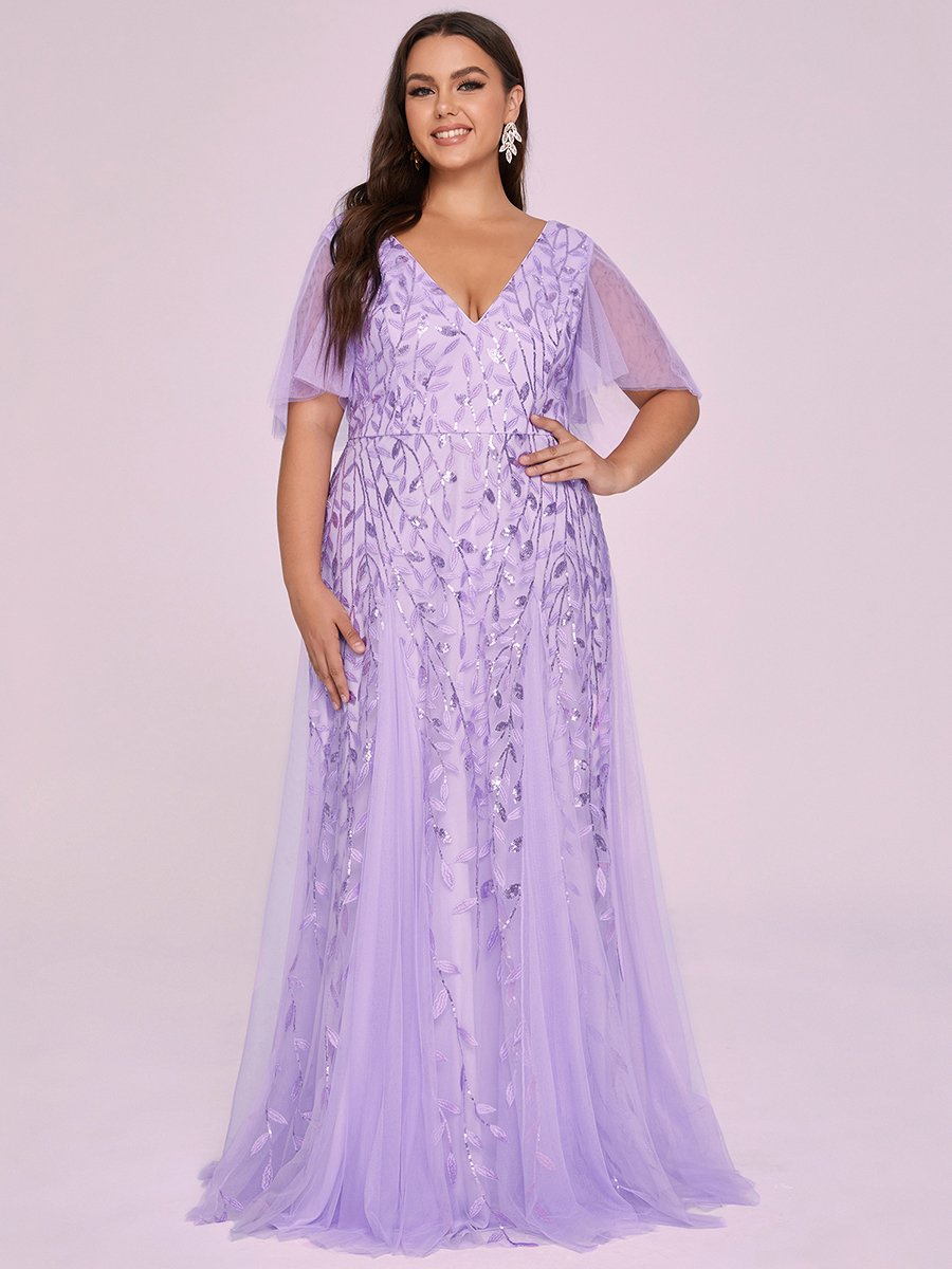 Shimmering V-Neck Ruffle Sleeve Maxi Formal Dress