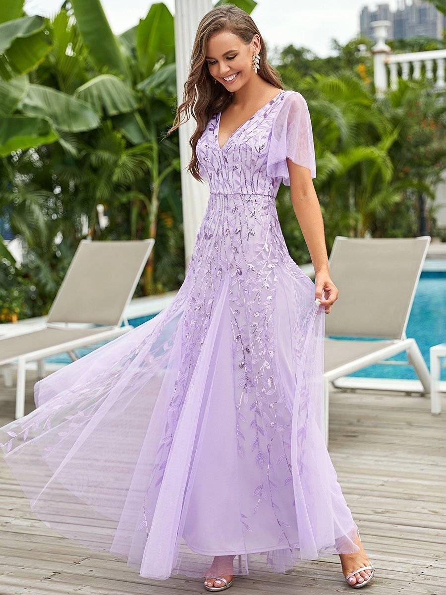 Shimmering V-Neck Ruffle Sleeve Maxi Formal Dress