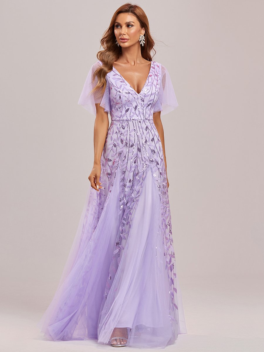 Shimmering V-Neck Ruffle Sleeve Maxi Formal Dress