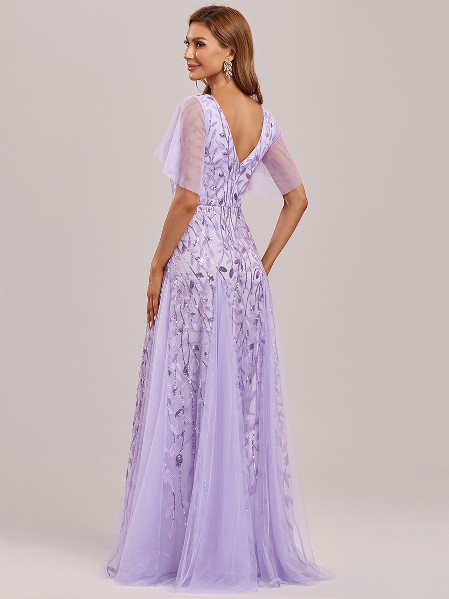 Shimmering V-Neck Ruffle Sleeve Maxi Formal Dress