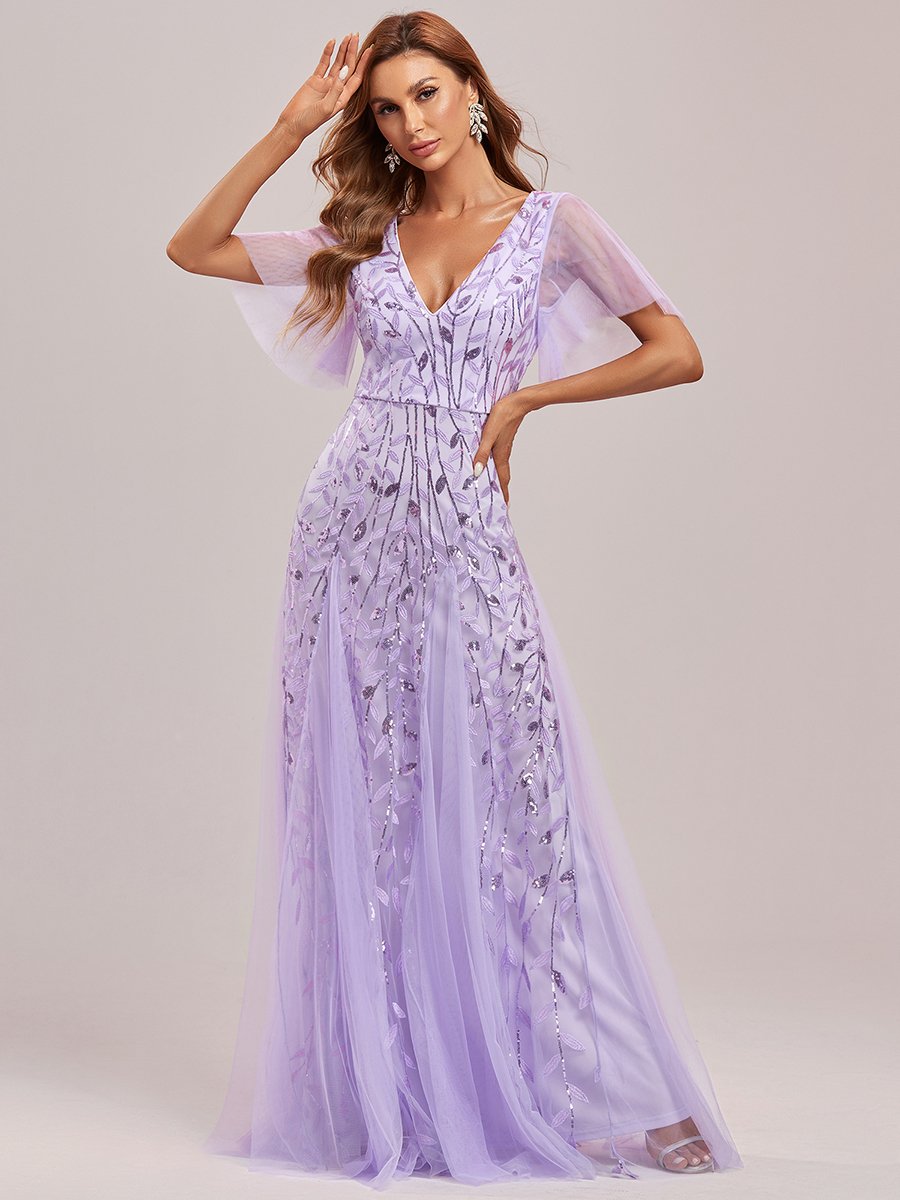 Shimmering V-Neck Ruffle Sleeve Maxi Formal Dress