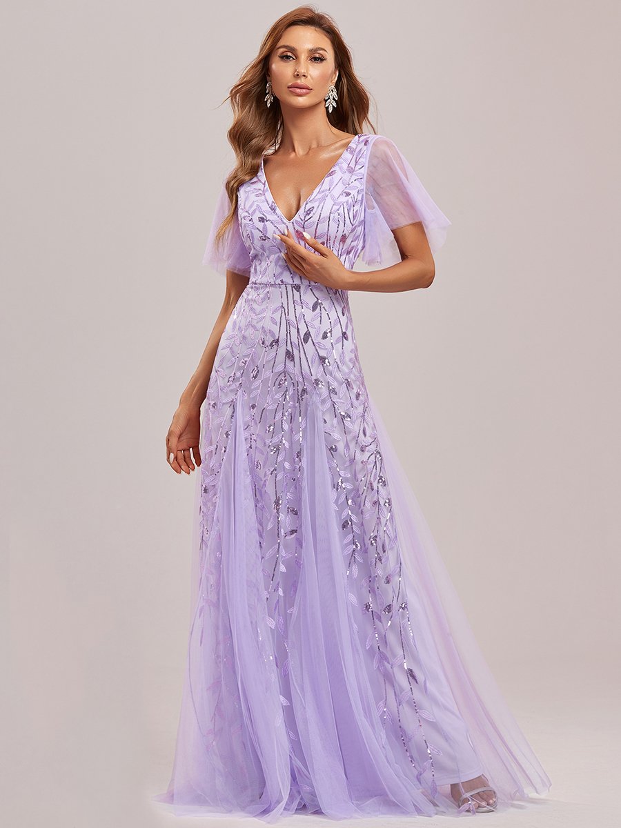 Shimmering V-Neck Ruffle Sleeve Maxi Formal Dress