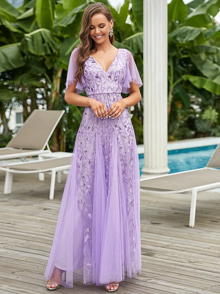 Shimmering V-Neck Ruffle Sleeve Maxi Formal Dress