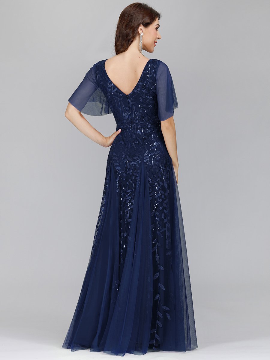 Shimmering V-Neck Ruffle Sleeve Maxi Formal Dress