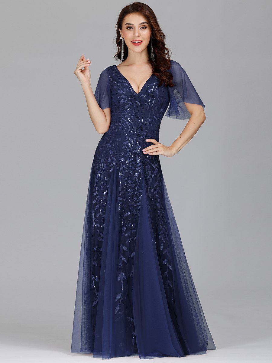 Shimmering V-Neck Ruffle Sleeve Maxi Formal Dress