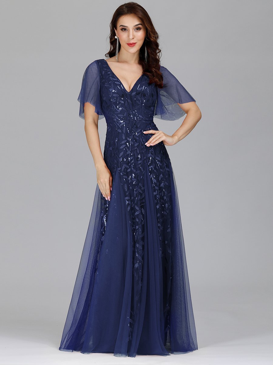 Shimmering V-Neck Ruffle Sleeve Maxi Formal Dress