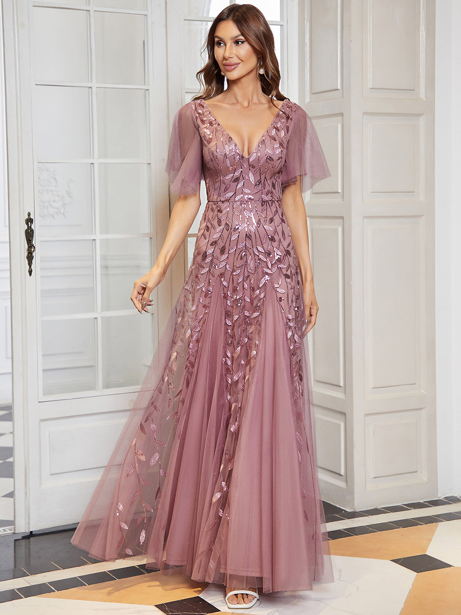 Shimmering V-Neck Ruffle Sleeve Maxi Formal Dress