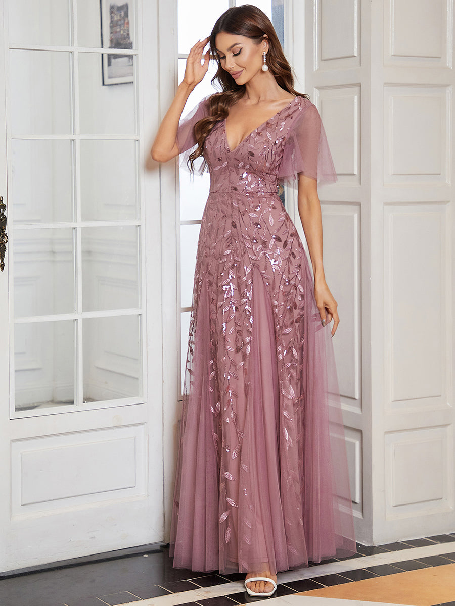 Shimmering V-Neck Ruffle Sleeve Maxi Formal Dress