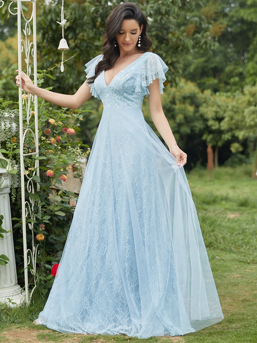 Elegant V-Neck Floor Length Gown with Ruffle Sleeves