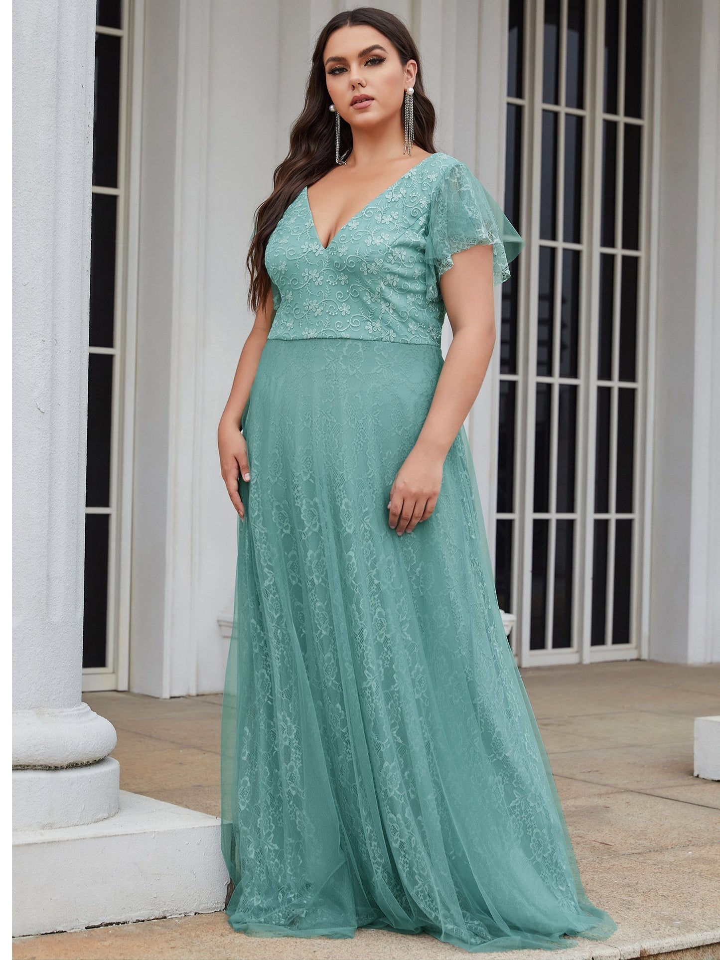 Elegant V-Neck Floor Length Gown with Ruffle Sleeves