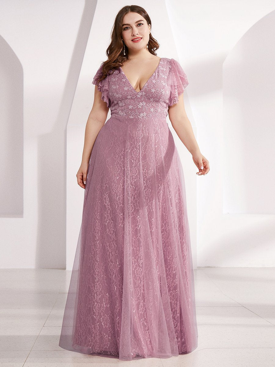 Elegant V-Neck Floor Length Gown with Ruffle Sleeves